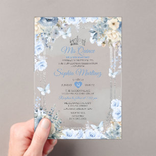 Invitations En Acrylique Mis Quince Dusty Blue & Silver Floral Quinceañera