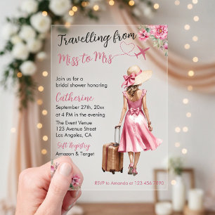 Invitations En Acrylique Miss To Mrs Travel Robe Rose Mariage Enterrement d