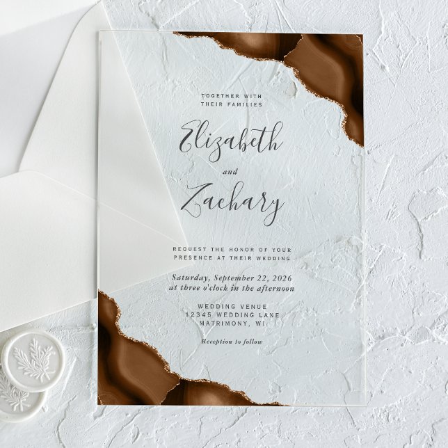 Invitations En Acrylique Mocha Brown Gold Agate Corners Mariage (Créateur téléchargé)