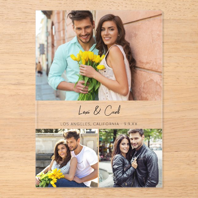 Invitations En Acrylique MOD Para Photo Trio H Enregistrer la date (Recto)