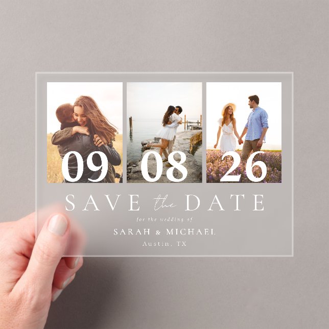 Invitations En Acrylique Modern 3 Photo Collage Enregistrer la date Mariage (In situ (ordinateur de poche))