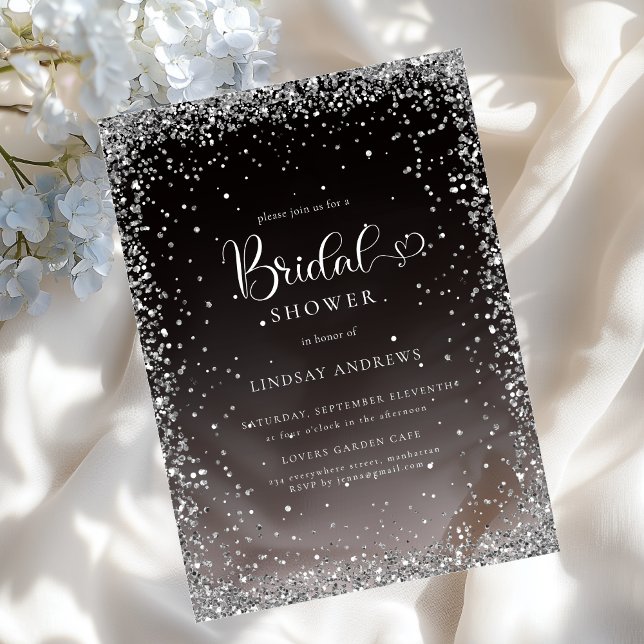 Invitations En Acrylique Modern Black Silver Glitter Bridal Shower  (Modern Black Silver Glitter Bridal Shower Acrylic Invitations)