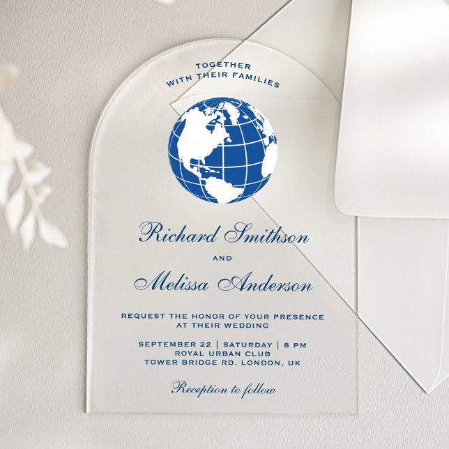 Invitations En Acrylique Modern Blue World Map Globe Wedding (Créateur téléchargé)