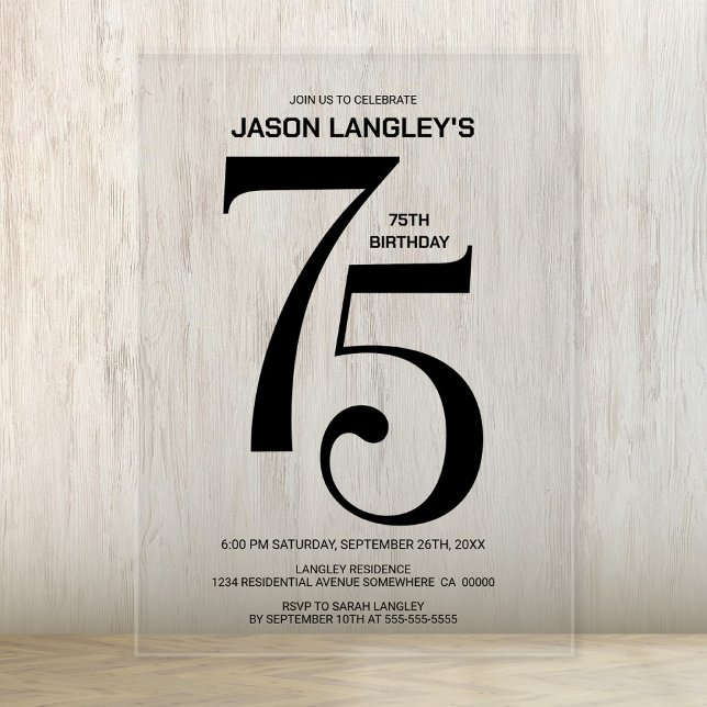 Invitations En Acrylique Modern Bold Texte noir 75e fête d'anniversaire (Créateur téléchargé)