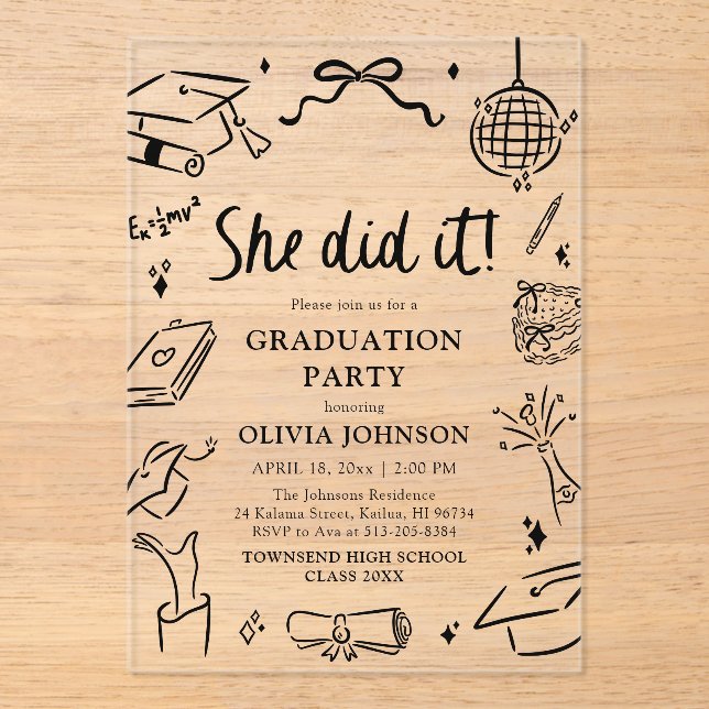 Invitations En Acrylique Modern Hand Drawn She did it Graduation Party (Recto)