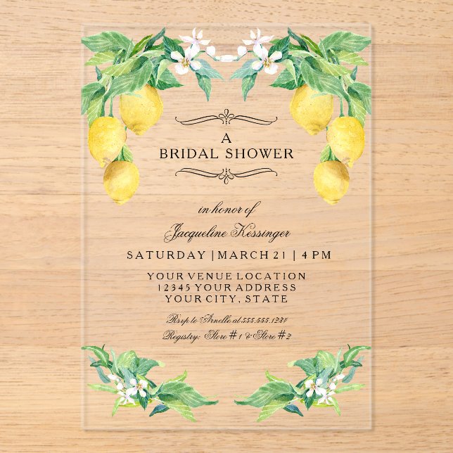 Invitations En Acrylique Modern Lemon Elegant Floral Blue Bridal Shower (Recto)