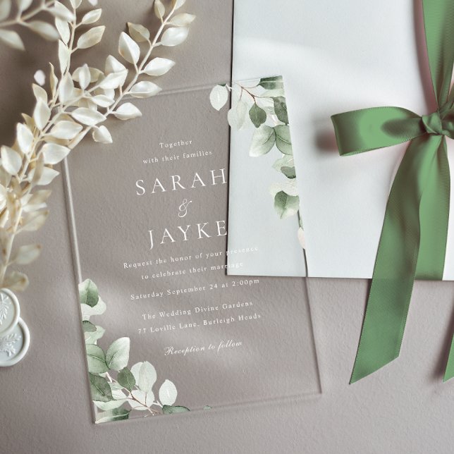 Invitations En Acrylique Modern Minimal Green Leaf White Wedding (Créateur téléchargé)