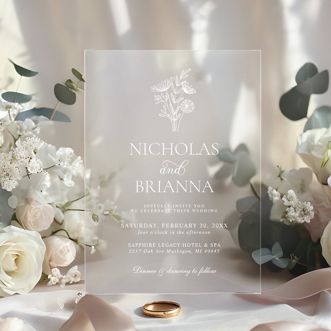 Invitations En Acrylique Modern Minimalist Black White Floral Wedding (Créateur téléchargé)
