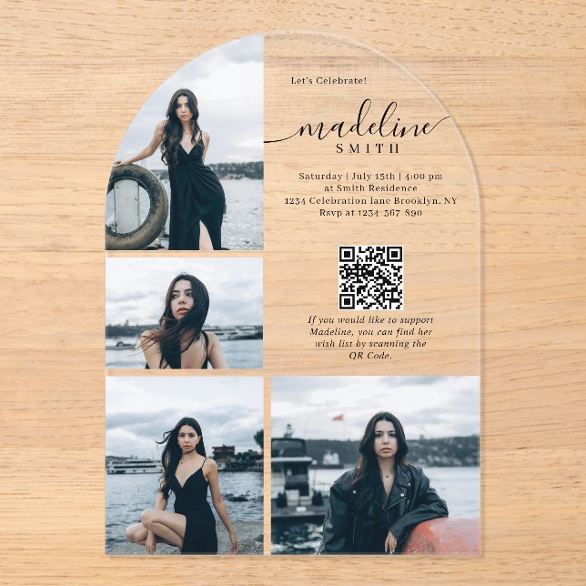 Invitations En Acrylique Modern Photo Collage QR code Graduation Party (Recto)