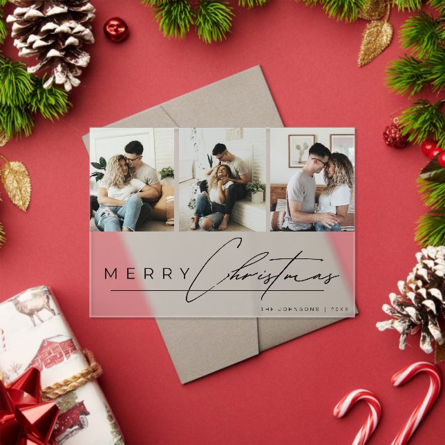 Invitations En Acrylique Modern Script 3 Photo Collage Merry Christmas Card (Insitu (vacances))