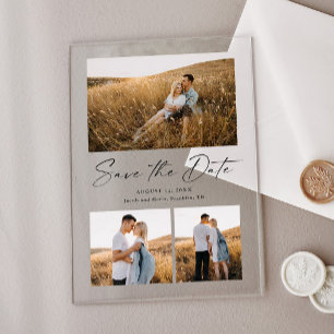 Invitations En Acrylique Modern Script 3 Photo Wedding Enregistrer la date