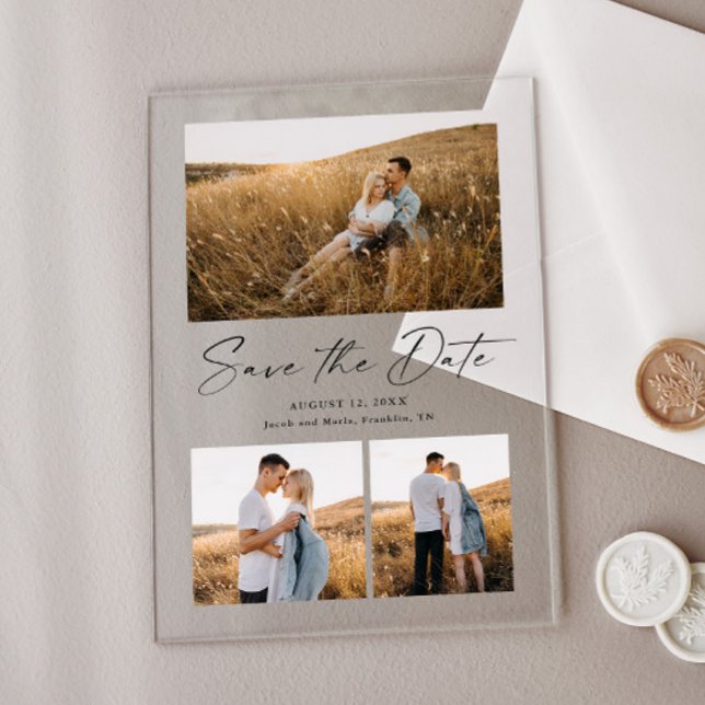 Invitations En Acrylique Modern Script 3 Photo Wedding Enregistrer la date (Simple acrylic photo wedding save the  date card.)