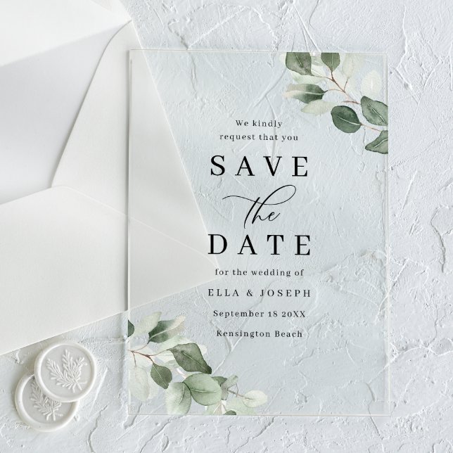 Invitations En Acrylique Modern Script Green Leaf Wedding Save The Date (Créateur téléchargé)