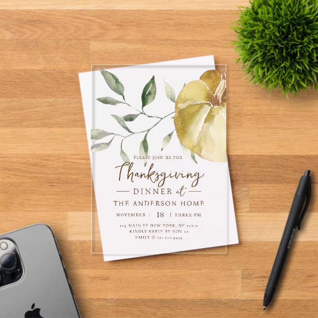 Invitations En Acrylique Modern Watercolor Pumpkin Thanksgiving Dinner (Insitu (Carte d'invitation))