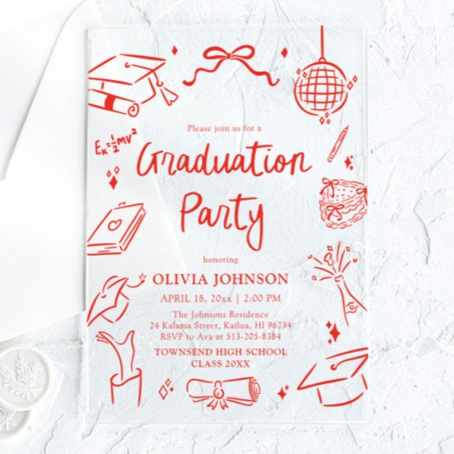 Invitations En Acrylique Modern Whimsical Hand Drawn Bow Graduation Party (Modern Whimsical Hand Drawn Bow Graduation Party Acrylic Invitations)