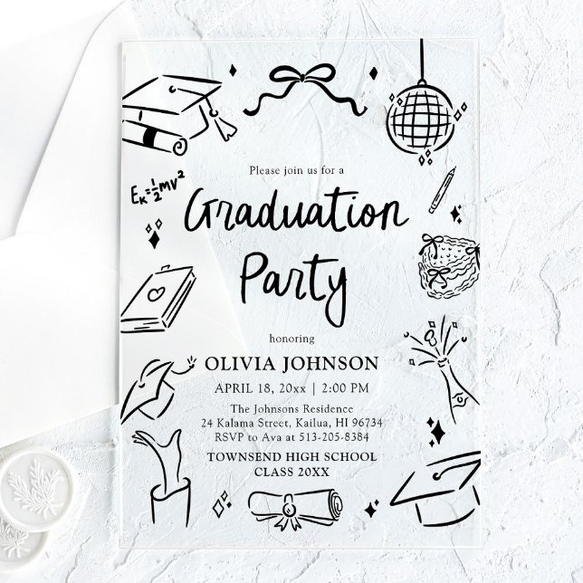Invitations En Acrylique Modern Whimsical Hand Drawn Bow Graduation Party (Modern Whimsical Hand Drawn Bow Graduation Party Acrylic Invitations)