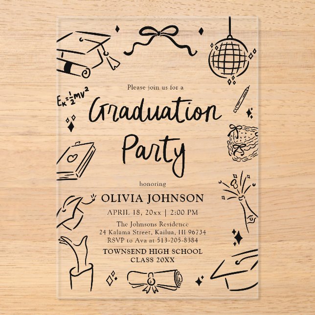 Invitations En Acrylique Modern Whimsical Hand Drawn Bow Graduation Party (Recto)