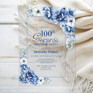 Invitations En Acrylique Moderne Blue Floral Surprise 100e fête d'anniversa