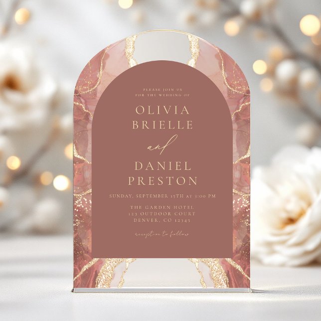 Invitations En Acrylique Moderne Bush Rose Or Agate Mariage Élégant (Créateur téléchargé)