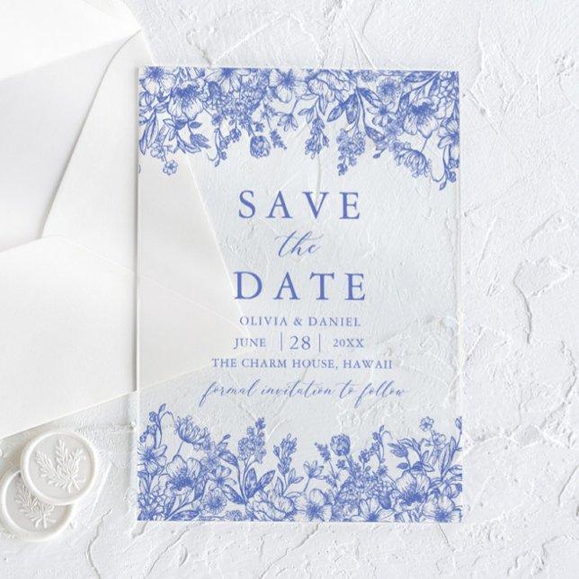 Invitations En Acrylique Moderne Elégant Bleu Vintage Floral Enregistrer la (Créateur téléchargé)