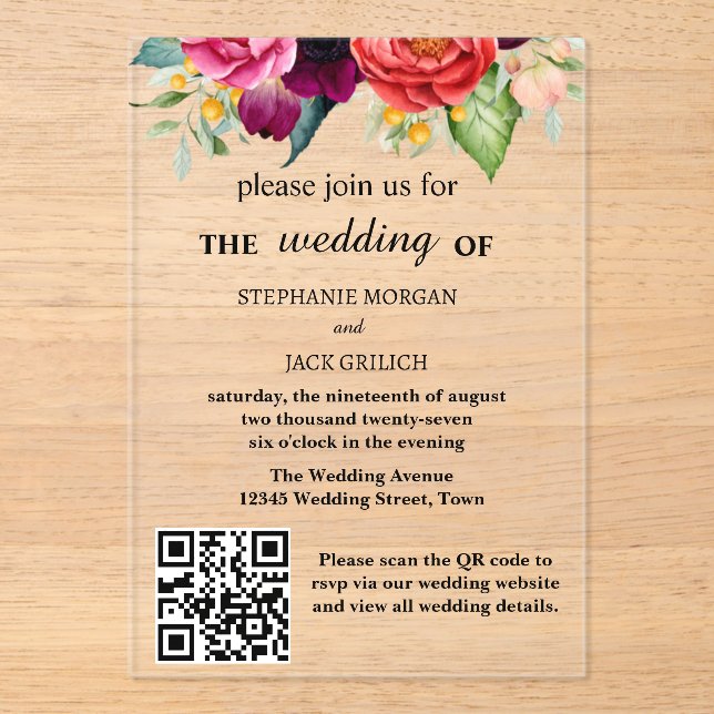 Invitations En Acrylique Moderne élégant Floral QR Code Mariage budget (Recto)