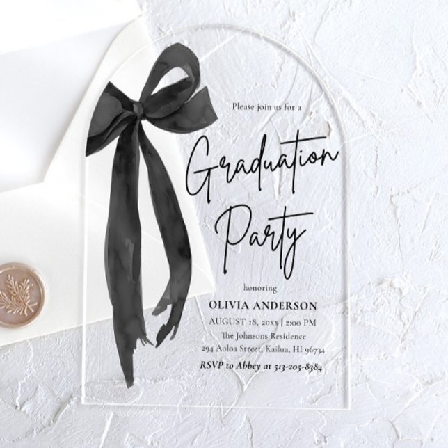 Invitations En Acrylique Moderne Elégant tendance noir Bow Graduation Arche (Modern Elegant Trendy Black Bow Graduation Arched Acrylic Invitation)