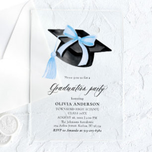 Invitations En Acrylique Moderne Elégant tendance Stylish Bleu Bow Graduati