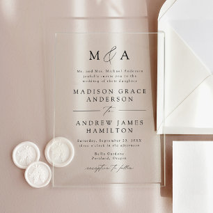 Invitations En Acrylique Moderne Élégante Mariage Monogramme Écriture Noir