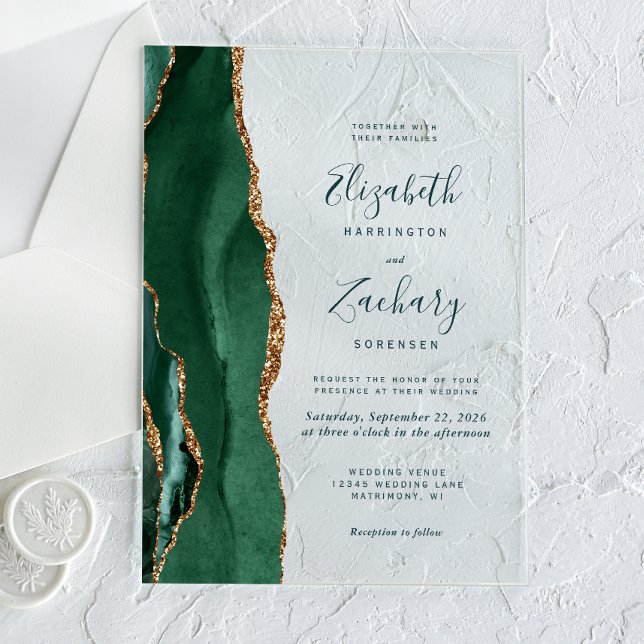 Invitations En Acrylique Moderne Emerald Green Gold Agate Mariage de script (Créateur téléchargé)