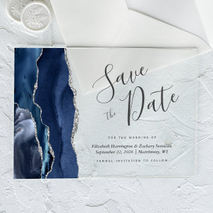 Invitations En Acrylique Moderne Marine Blue Silver Agate Enregistrer la ca