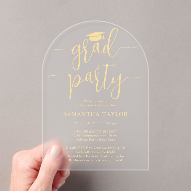 Invitations En Acrylique Moderne tendance Gold Script Grad Party Translucid (In situ (ordinateur de poche))
