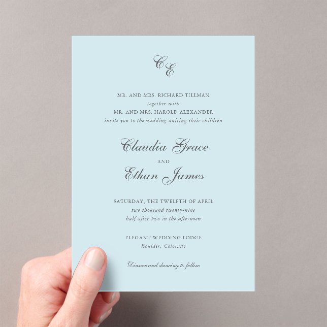 Invitations En Acrylique Monogramme bleu Poudre classique Mariage élégant (In situ (ordinateur de poche))