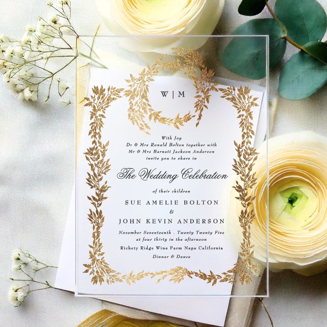 Invitations En Acrylique Monogramme classique Elégant Gold Crest Wreath Mar (Créateur téléchargé)