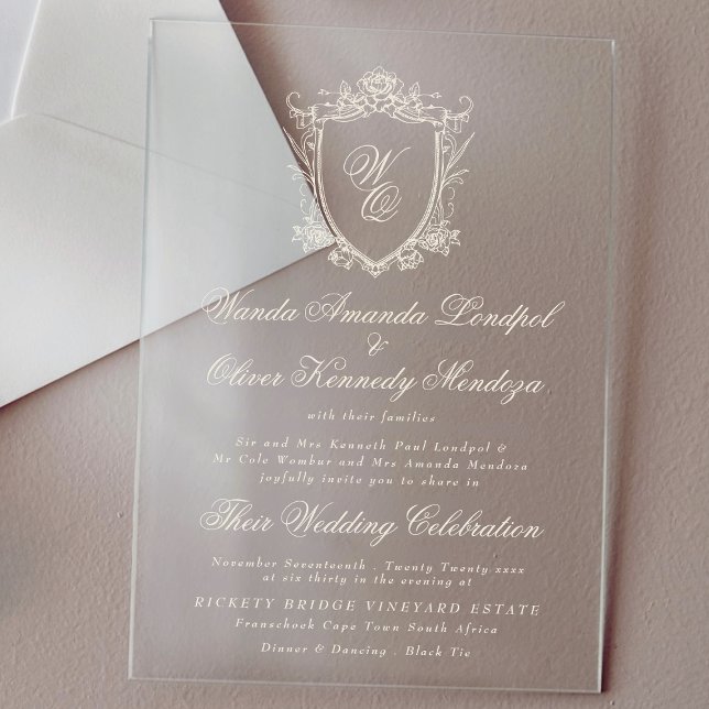 Invitations En Acrylique Monogramme classique Mariage de crête florale de c (Créateur téléchargé)