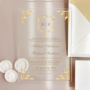 Invitations En Acrylique Monogramme de la crête d'or Mariage du cadre d'orn