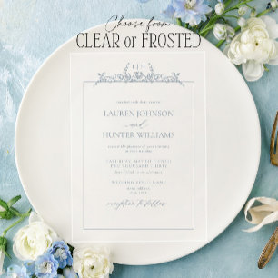 Invitations En Acrylique Monogramme de mariage à bordure florale bleu pouss