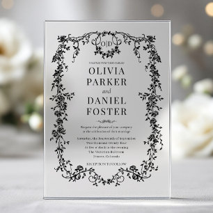 Invitations En Acrylique Monogramme de mariage orné noir français victorien
