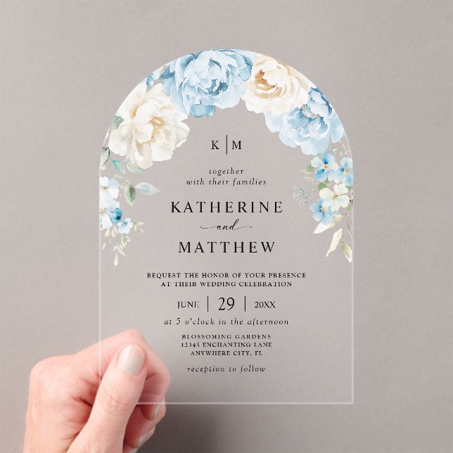 Invitations En Acrylique Monogramme Dusty Blue Champagne Ivory Floral Maria (In situ (ordinateur de poche))