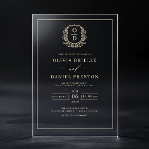 Invitations En Acrylique Monogramme élégant de mariage à crête florale doré