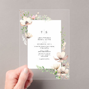 Invitations En Acrylique Monogramme Floral Blush off White Botanical Mariag