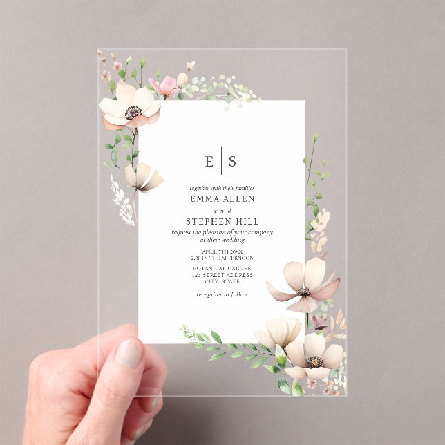 Invitations En Acrylique Monogramme Floral Blush off White Botanical Mariag (In situ (ordinateur de poche))