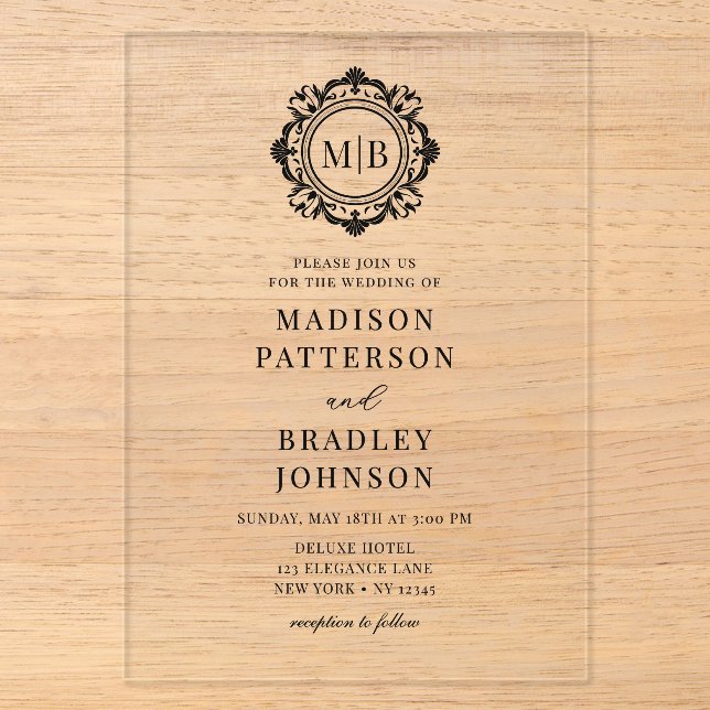 Invitations En Acrylique Monogramme Floral Orné Mariage Élégant Noir (Recto)