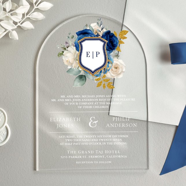 Invitations En Acrylique Monogramme Mariage Royal Blue Floral Crest (Créateur téléchargé)