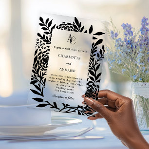 Invitations En Acrylique Monogramme moderne botanique noir luxe mariage