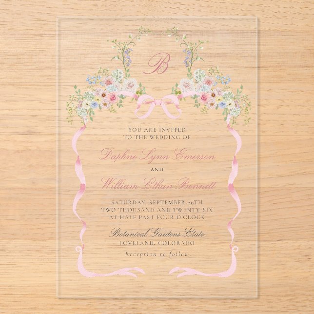 Invitations En Acrylique Monogrammed Bows and Florals Wedding (Recto)