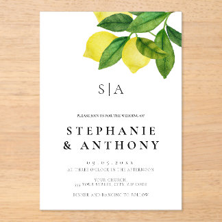 Invitations En Acrylique Monograms Lemon Branch Greenery Wedding