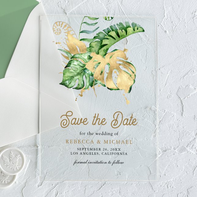 Invitations En Acrylique Monstera Tropical Palm Wedding Enregistrer la date (Créateur téléchargé)