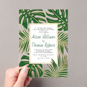 Invitations En Acrylique Monstère tropicale, feuille de palme mariage or ve