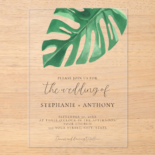 Invitations En Acrylique Monstère tropicale verte Feuille Mariage d'été (Recto)