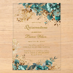 Invitations En Acrylique Moody Floral Turquoise Quinceañera